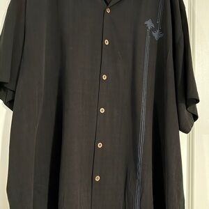 Tommy Bahama Men’s Black 100% Silk Shirt with Blue Embroidery